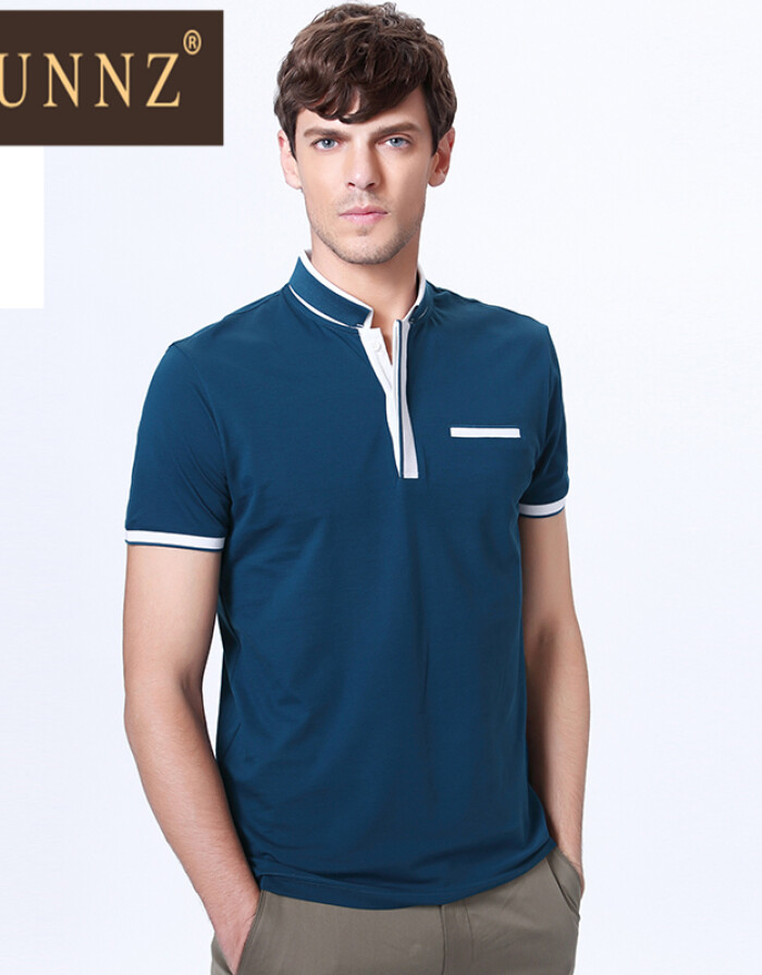 HUNNZ 2016年時(shí)尚專柜產(chǎn)品夏裝立領(lǐng)T恤男短袖商務(wù)休閑青年天絲棉純色體恤修身版 深藍(lán)色 170